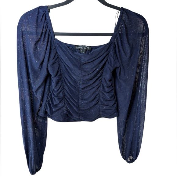 Urban Heritage Night Out Navy Sparkle Ruched Mesh Top Long Sleeve L - Picture 2 of 10